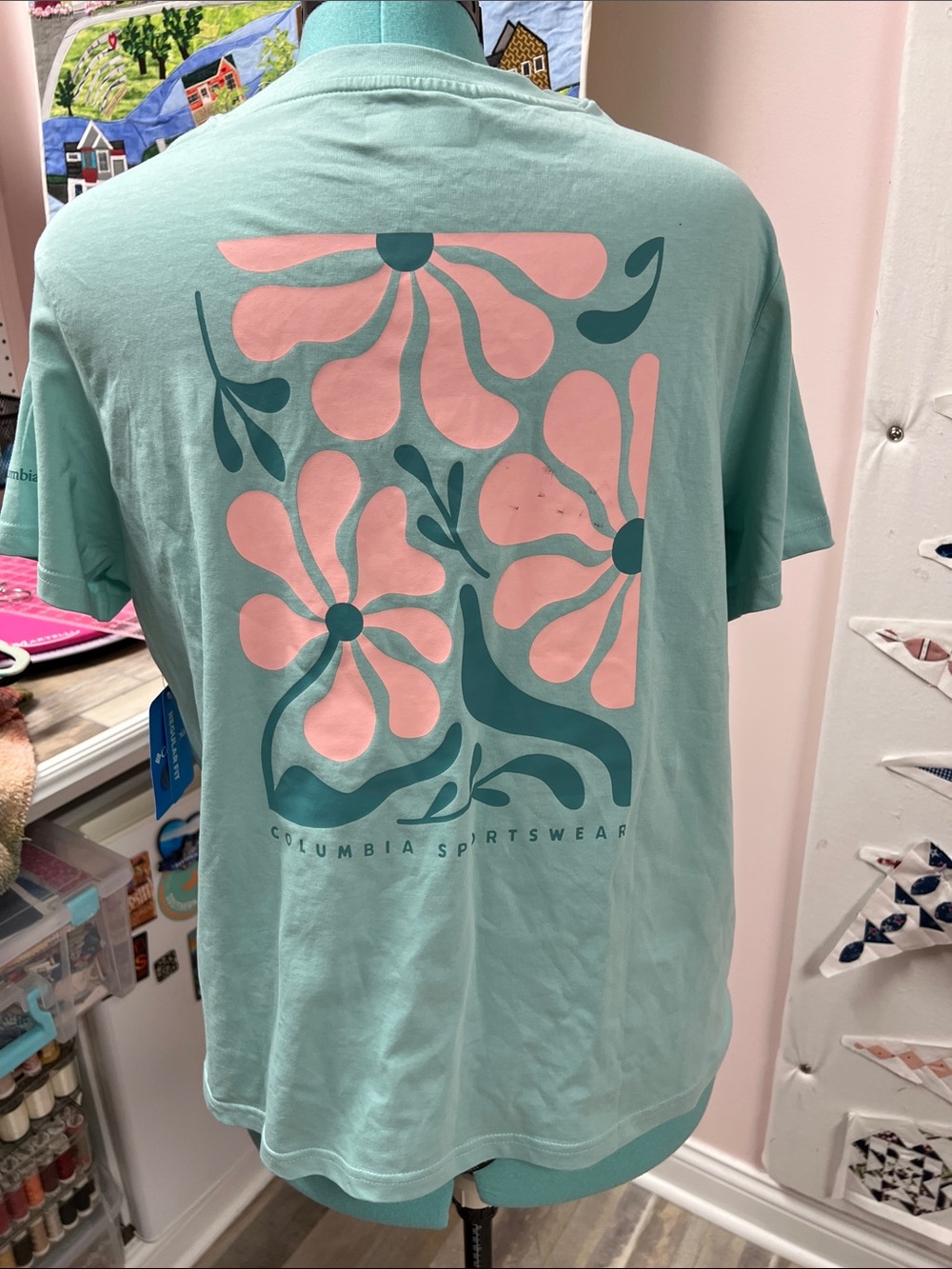 Columbia Mint Green Short Sleeve Tee with Pink Floral Back Graphic